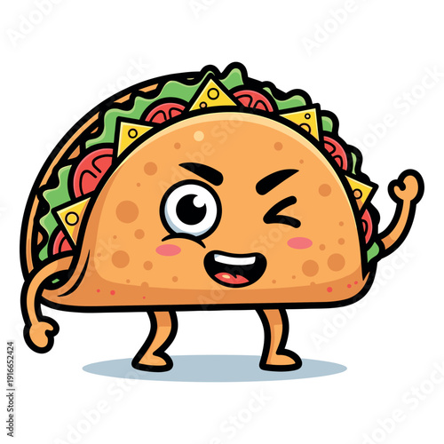 Cartoon taco mascot character winking and raising fist, food illustration for Mexican cuisine