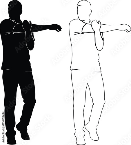 Comparison of a person in dark clothing and a silhouette model demonstrating arm movements