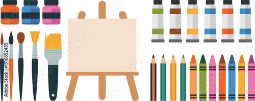 Art Supplies Illustration Collection with Easel, Paint Brushes, Acrylic Paint Tubes, Colored Pencils and Crayons Isolated on White Background for Creative Projects