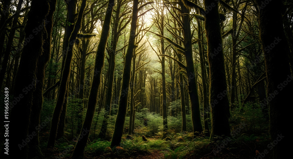 Fototapeta premium Mysterious forest with sunlight filtering through trees creating a serene atmosphere in a natural setting with tall trunks and green foliage