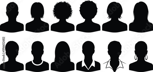 Diverse Collection of Avatar Profile Silhouettes and User Icons Featuring Various Hairstyles and Clothing for Professional Corporate Identity and Web Design