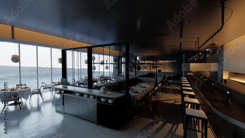 Tablou pe pânză This contemporary dining area showcases large windows, allowing warm sunset light to fill the room