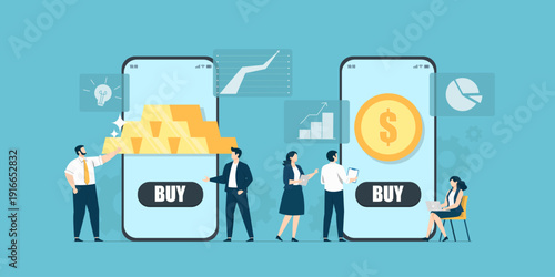 A group of investors using mobile apps to buy gold bars and coins. Features financial data charts, pie graphs, and a clean flat aesthetic representing digital asset management.