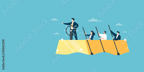 A businessman leader at the helm of a golden boat pointing forward while his diverse team rows together. Flat vector showing leadership, cooperation, and success.