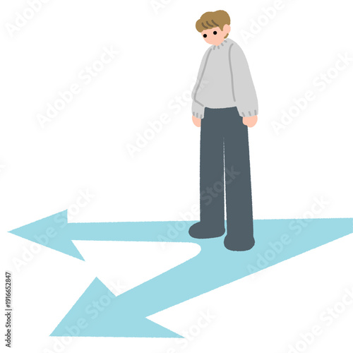 二又矢印の分岐点に立つ中性的な人物のフラットイラスト 進路選択のイメージ