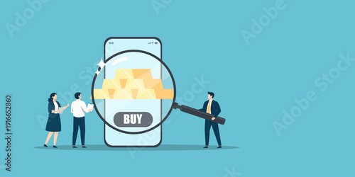 A business team uses a large magnifying glass to inspect gold bars on a mobile phone with a buy button, representing digital gold investment and financial analysis in a flat style.