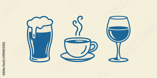 Glass of beer, cup of coffee and glass of wine, selection of popular beverages for relaxation or celebration