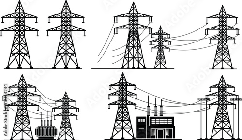 Electric power transmission line tower substation silhouette set high voltage energy industrial grid distribution cable infrastructure supply technology flavector vector illustration.