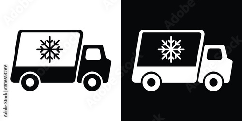 Refrigerated transport truck icon. Cargo van featuring a snowflake symbol for cold chain logistics. Minimalist black and white vector art for frozen food delivery and climate-controlled shipping.