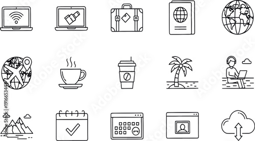 Print Minimalist Digital Nomad and Remote Work Icon Set Featuring Laptop Connectivity Global Travel Lifestyle Coffee Culture and Flexible Workspace Symbols