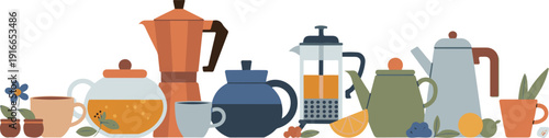 Variety of coffee makers and teapots, brewing equipment, hot beverages, kitchen appliances, cozy drink preparation, morning ritual