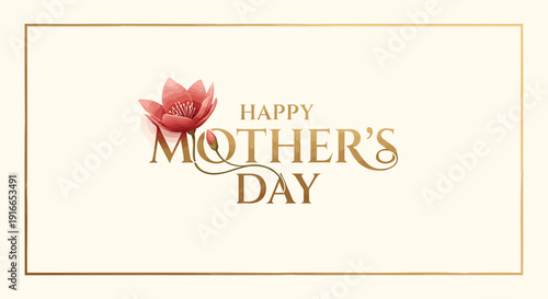 Golden Happy Mother's Day greeting card with red lotus flower on cream background