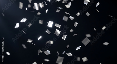 bright shimmering silver confetti pieces falling against a dark dramatic background creating a festive and sparkling abstract pattern perfect for celebratory event designs.