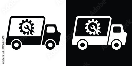 Maintenance and technical service truck icon. Illustration of a delivery van with three interlocking gears. Professional flat vector design in black and white for repair and engineering services.