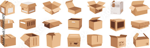 Set of various cardboard boxes for shipping and moving isolated on transparent background vector illustration