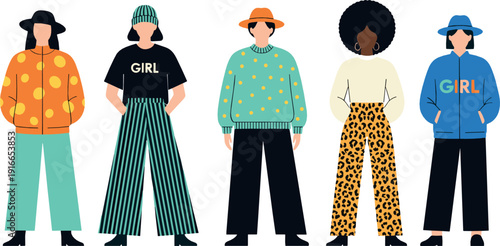 Diverse fashionable women characters wearing modern street style outfits representing inclusivity, individuality, and contemporary lifestyle illustrated in clean flat vector style