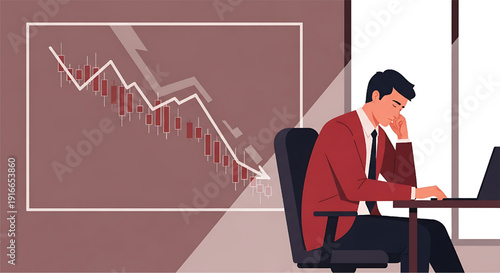 Businessman grappling with investment losses as market plummets at his office desk, facing economic crisis