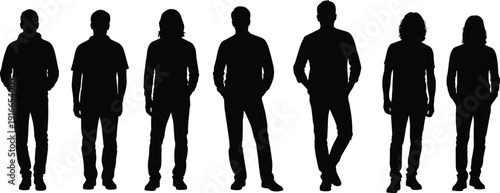Flavector set of diverse men silhouettes standing in various poses casual clothing group of male figures isolated on white background.