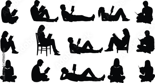 Collection of people reading book silhouettes isolated on white background, diverse sitting and lying poses for education, library, learning and literature concepts