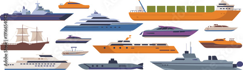 Variety of watercraft including luxury yachts cargo ships sailboats submarines and speedboats on transparent background