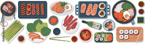 Delicious food spread featuring grilled meats sushi bowls and fresh ingredients like asparagus and shrimp on transparent background