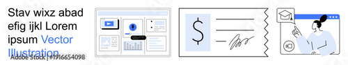 Business organization, finance management, online services, e-learning, contract signing, and digital tools concept. Featured dashboards, signature user interaction with education icons. Business