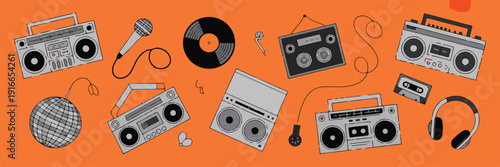 Retro music equipment scattered on orange background, vintage boombox and vinyl records collection