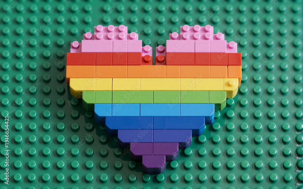 Fototapeta premium Rainbow heart made of bricks on green baseplate symbolizing love