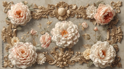 Elegant floral arrangement with roses and gold accents on a neutral background