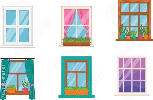 Colorful window illustrations collection with curtains flower pots and indoor plants isolated on white background for home decor design projects
