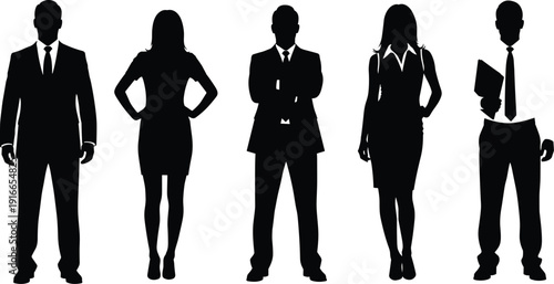 Group of Professional Business People Silhouettes in Formal Suits Standing Isolated on White Background for Corporate Teamwork and Leadership Concept