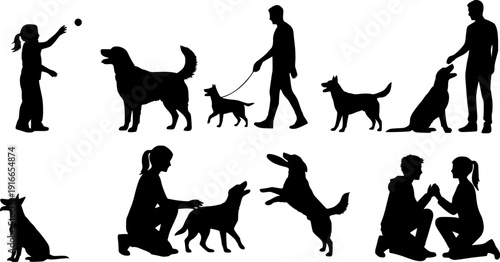 People playing with dog various collection set vector silhouette.