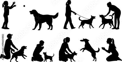 People playing with dog various collection set vector silhouette.