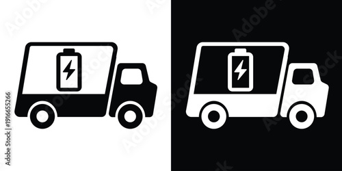 Battery delivery truck icon. Cargo van with a charging battery and lightning bolt symbol. Modern flat vector for electric vehicle power, energy logistics, and battery replacement services.