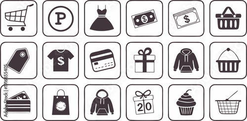 A grid of thirty black and white icons, each enclosed within a square frame, arranged in a six-by-five formation. The icons represent various objects and concepts associated with shopping, commerce, a
