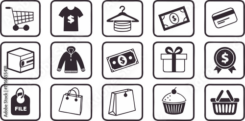 A grid of thirty black and white icons, each enclosed within a square frame, arranged in a six-by-five formation. The icons represent various objects and concepts associated with shopping, commerce, a