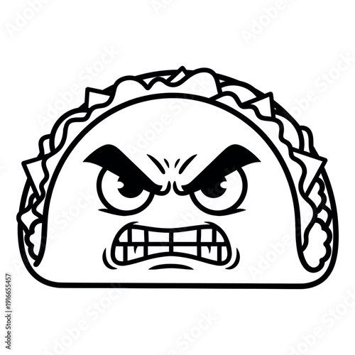 Angry taco cartoon character emoji with big eyes and teeth ready for battle