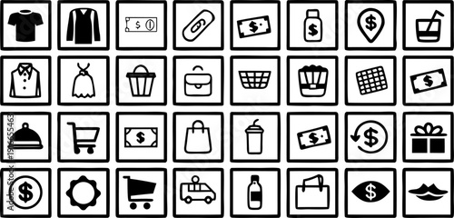 A grid of thirty black and white icons, each enclosed within a square frame, arranged in a six-by-five formation. The icons represent various objects and concepts associated with shopping, commerce, a