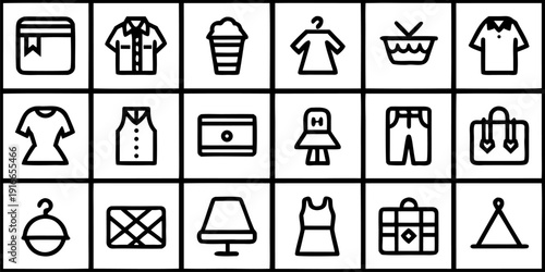A grid of thirty black and white icons, each enclosed within a square frame, arranged in a six-by-five formation. The icons represent various objects and concepts associated with shopping, commerce, a