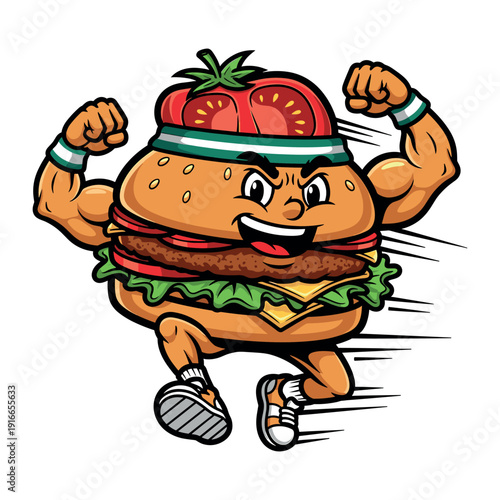 Fit burger character flexing muscles while running on white background speedy movement