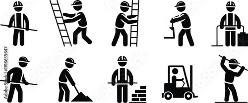 Construction Worker Icon Set Showing Industrial Labor Activities with Tools, Machinery and Safety Helmets, Black Flat Pictograms for Building and Engineering Design
