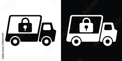 Secure shipping and armored delivery truck icon. Features a cargo van with a large padlock symbol. High-contrast vector graphics in black and white for privacy and protected logistics.