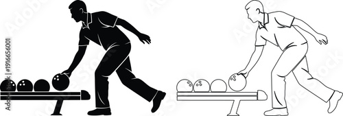 Bowler demonstrating bowling technique and mechanical arm for bowling ball delivery.