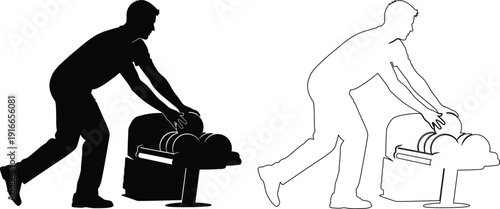 A person lifting heavy luggage and another person struggling with a large suitcase