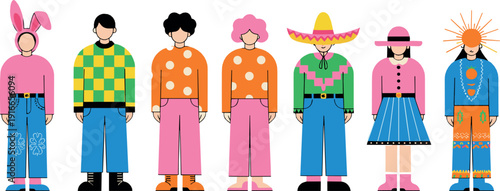 Diverse people characters wearing colorful outfits and cultural costumes representing individuality, fashion, inclusivity, and modern lifestyle illustrated in flat vector style