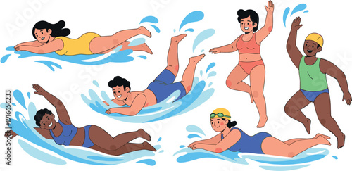 Diverse swimmers in action illustration featuring men and women swimming freestyle and diving in water illustrated in dynamic modern flat vector style