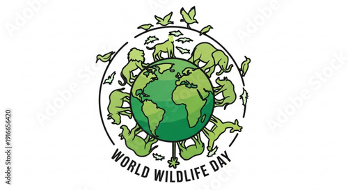 World wildlife day logo with globe and animals green and black illustration on white background conservation theme