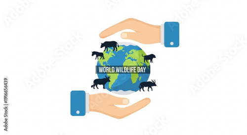Hands protecting earth on world wildlife day with animals around globe