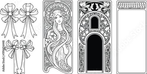 Art Nouveau Design Collection Featuring Classical Woman Portrait Decorative Floral Borders and Elegant Ribbon Bows Vector Illustration for Vintage Stationery and Wedding Invitation