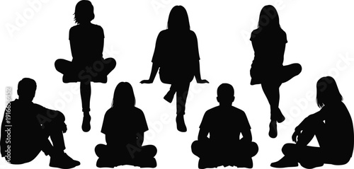 Black silhouette collection of young men and women sitting on floor and ground isolated on white background for lifestyle leisure and relaxation design